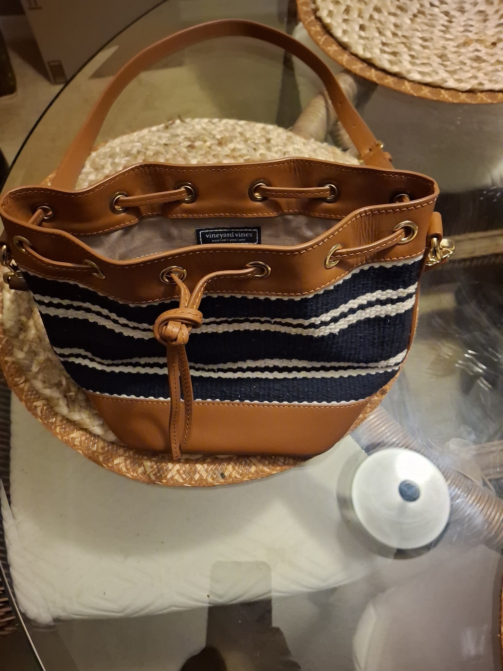 Vineyard Vines Navy & Tan Striped Drawstring Shoulder Bag